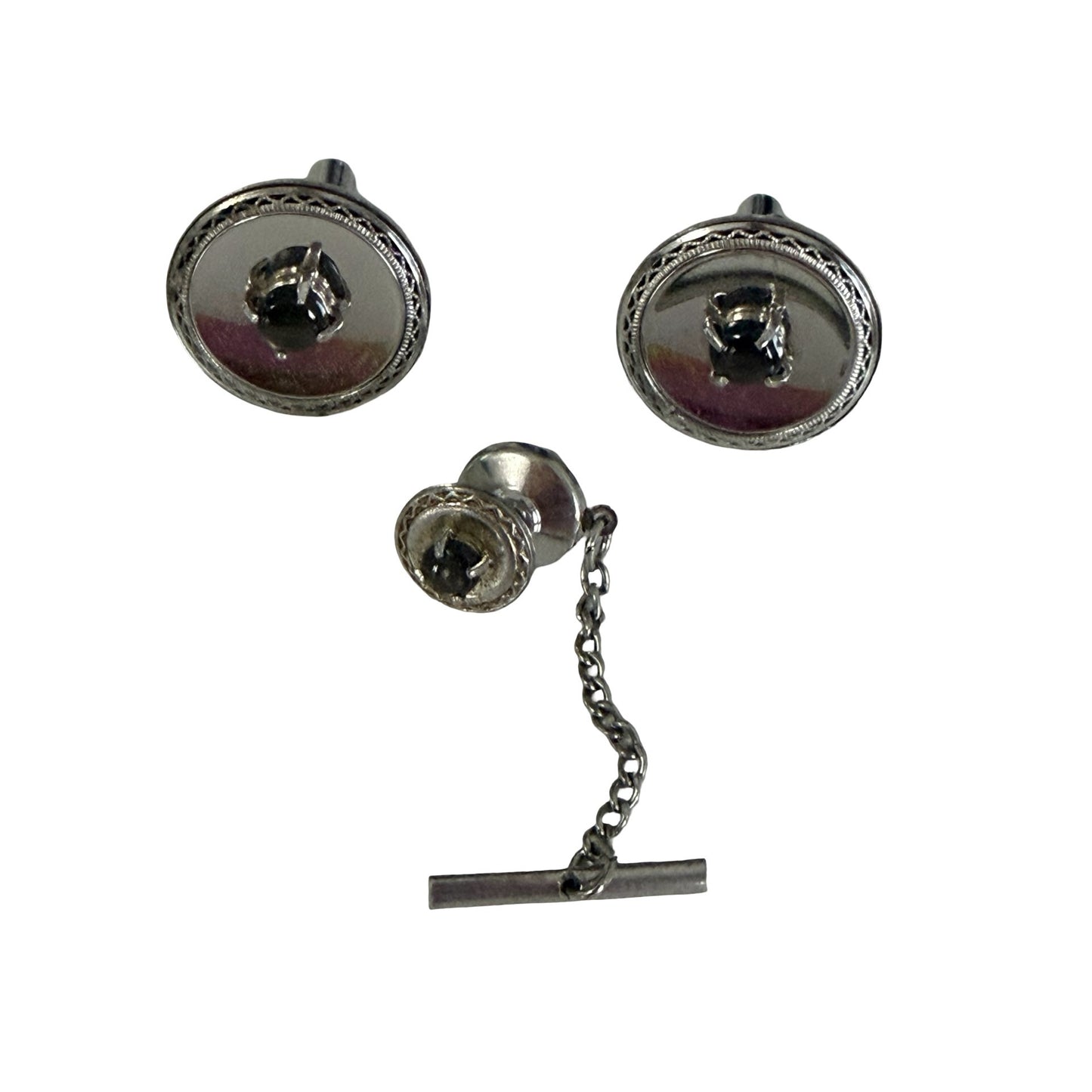 Vintage Silver Tone Black Stone Cufflinks & Tie Tack Set Mid Century Formal Jewelry
