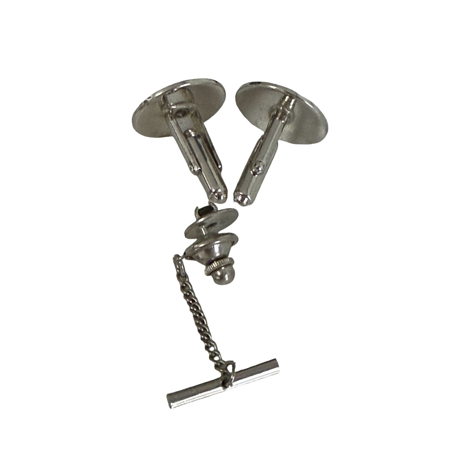 Vintage Silver Tone Black Stone Cufflinks & Tie Tack Set Mid Century Formal Jewelry