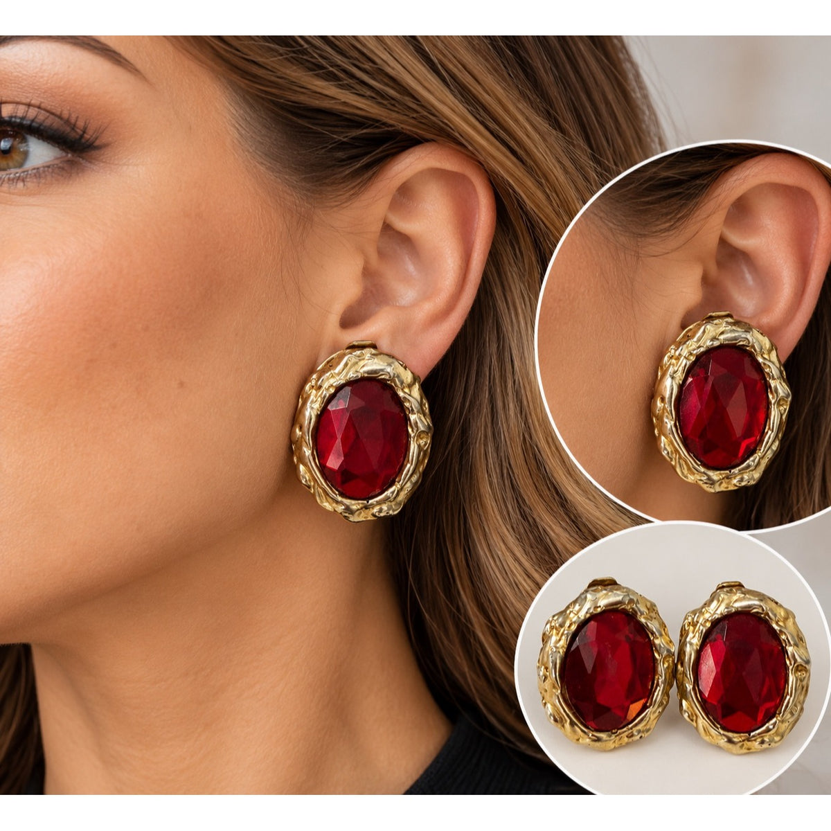 Vintage Ruby Red Faceted Plastic Clip On Earrings Textured Gold Tone 1.5 Inch
