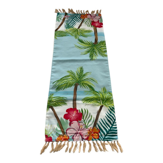 Tropical Palm Tree Table Runner – 36x13 – Blue Hibiscus Beach Scene with Fringe Trim