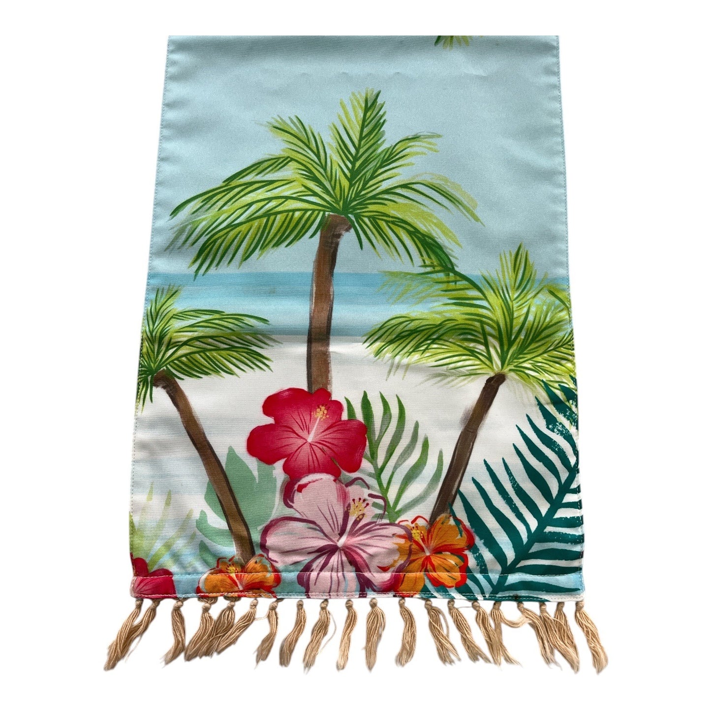 Tropical Palm Tree Table Runner – 36x13 – Blue Hibiscus Beach Scene with Fringe Trim