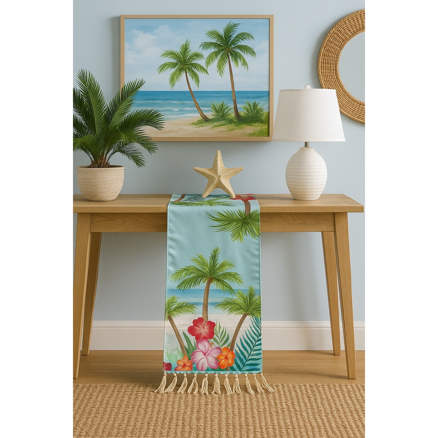Tropical Palm Tree Table Runner – 36x13 – Blue Hibiscus Beach Scene with Fringe Trim