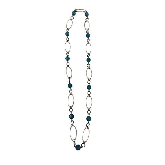 Vintage Teal Beaded Necklace Silver Tone Oval Link Necklace 30” Boho Statement Jewelry