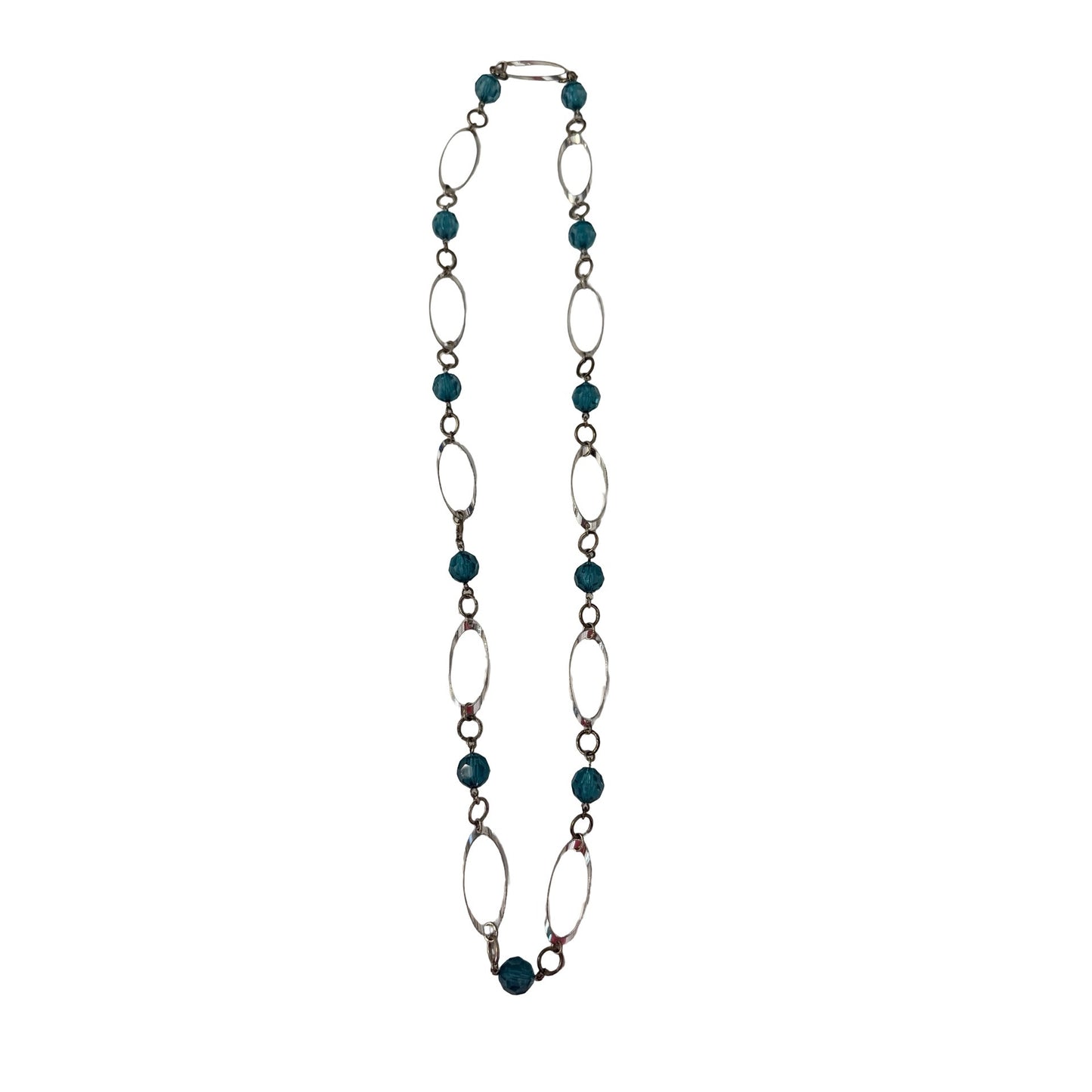 Vintage Teal Beaded Necklace Silver Tone Oval Link Necklace 30” Boho Statement Jewelry