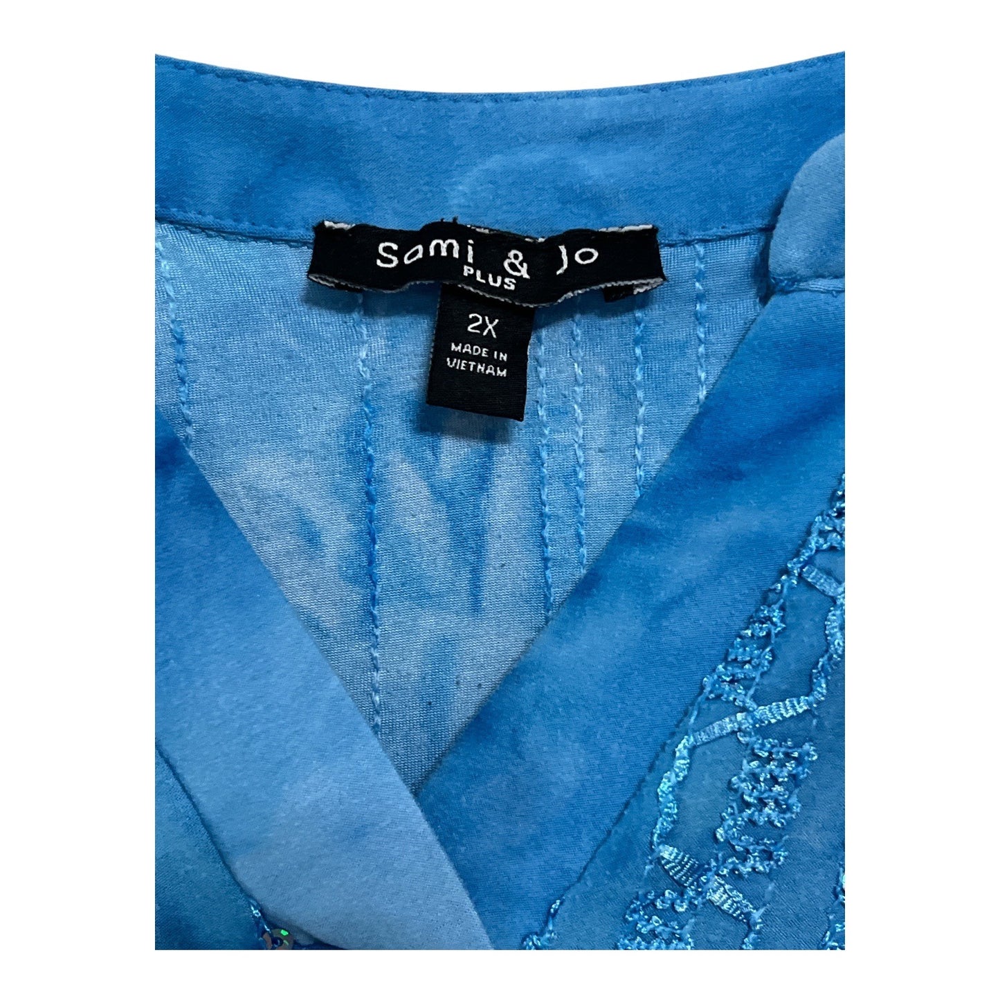 Sami & Jo Plus Women’s 2X Blue Sequin Embellished Tunic Top Roll Tab Sleeves