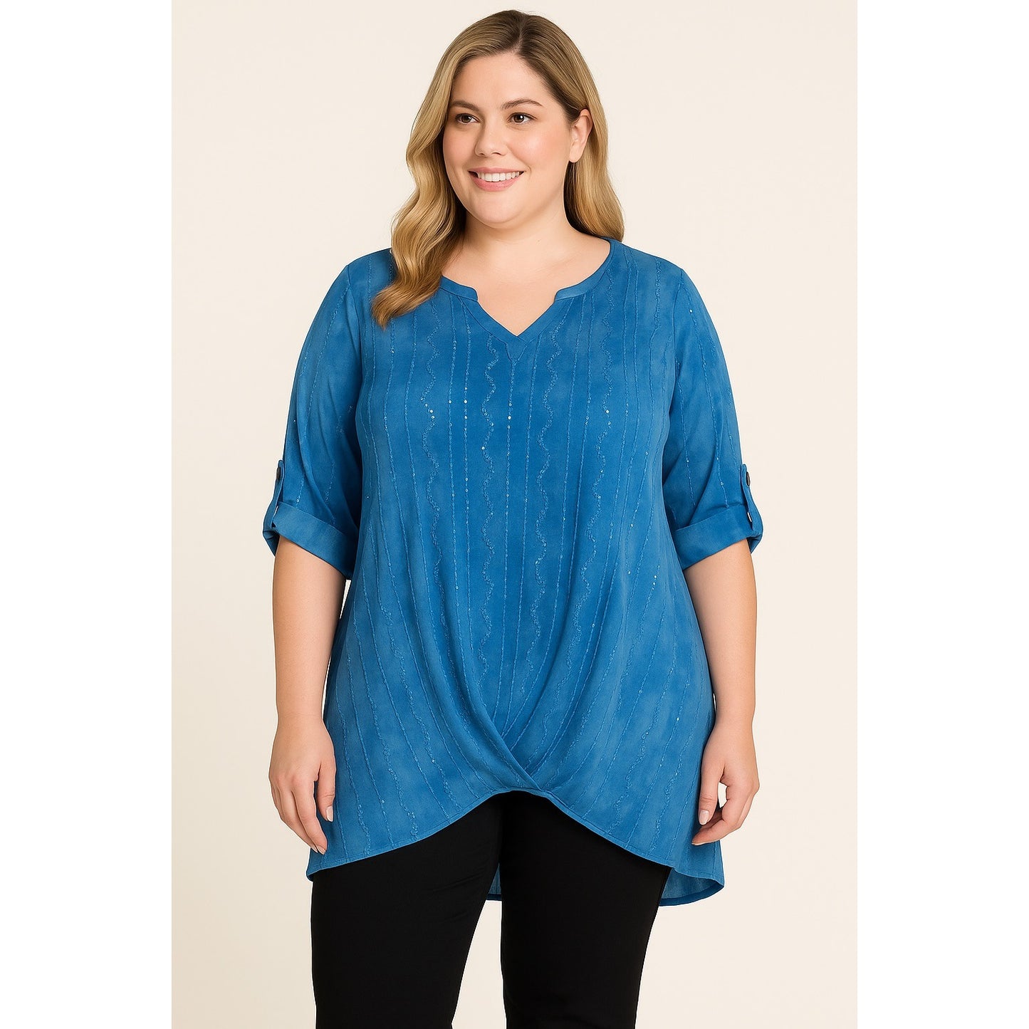 Sami & Jo Plus Women’s 2X Blue Sequin Embellished Tunic Top Roll Tab Sleeves
