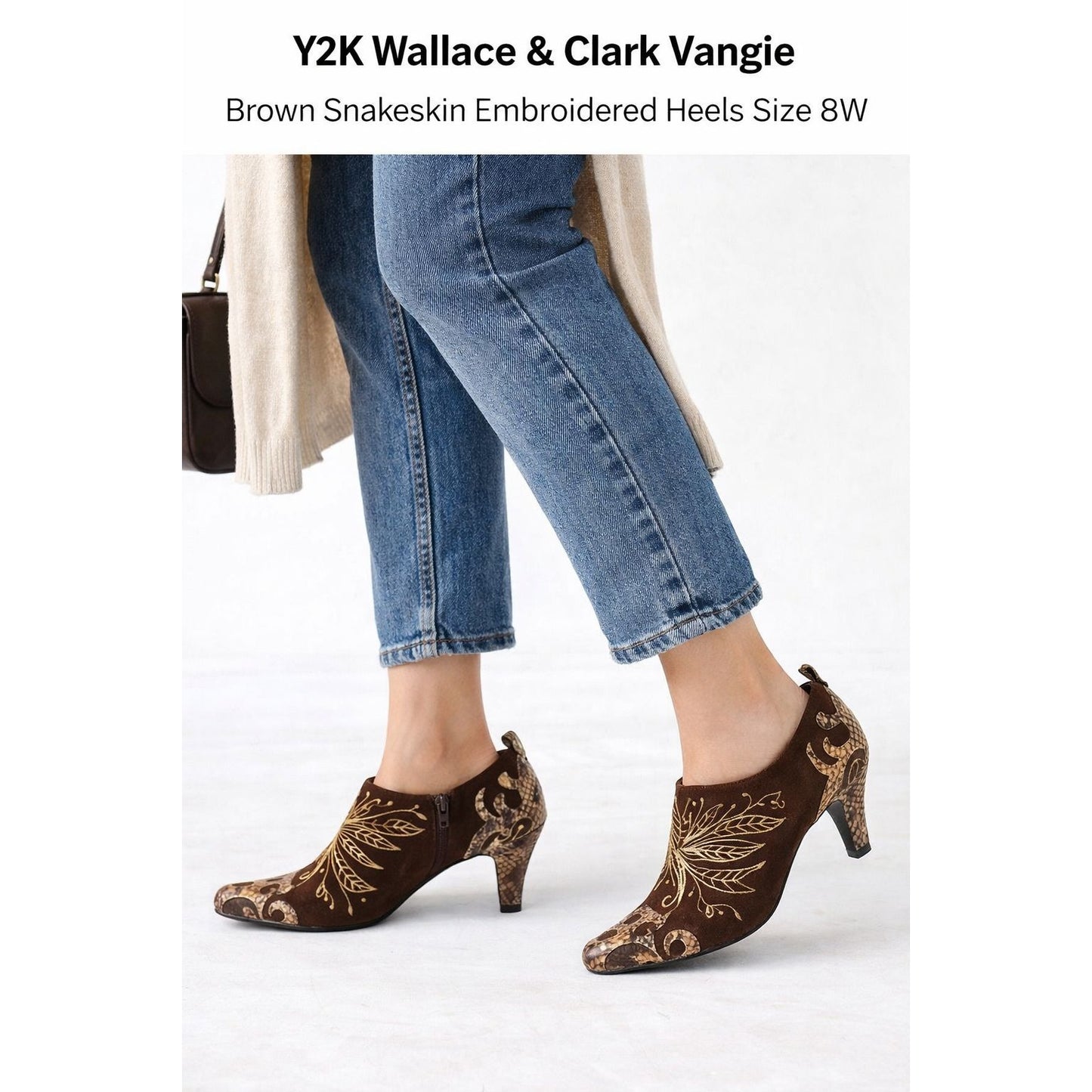 Wallace & Clark Vangie Women’s Brown Snakeskin Embroidered Heels Size 8W