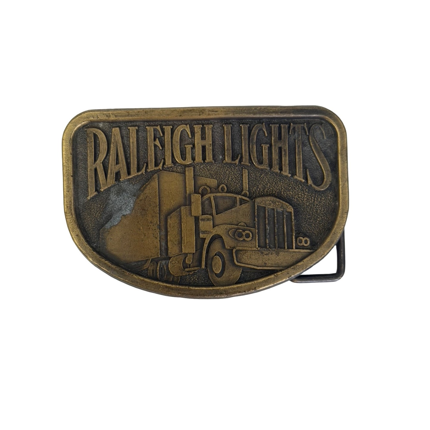 Vintage Raleigh Lights Semi Truck Belt Buckle Brass Tone Trucker Buckle