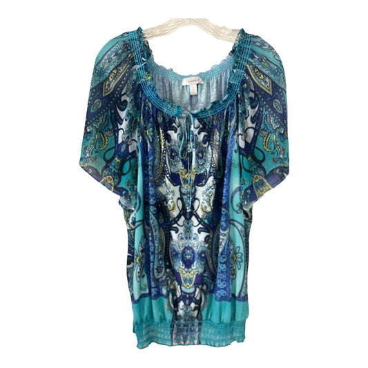 Dressbarn Women’s 2X Boho Peasant Top – Blue Paisley Smocked Flutter Sleeve Blouse