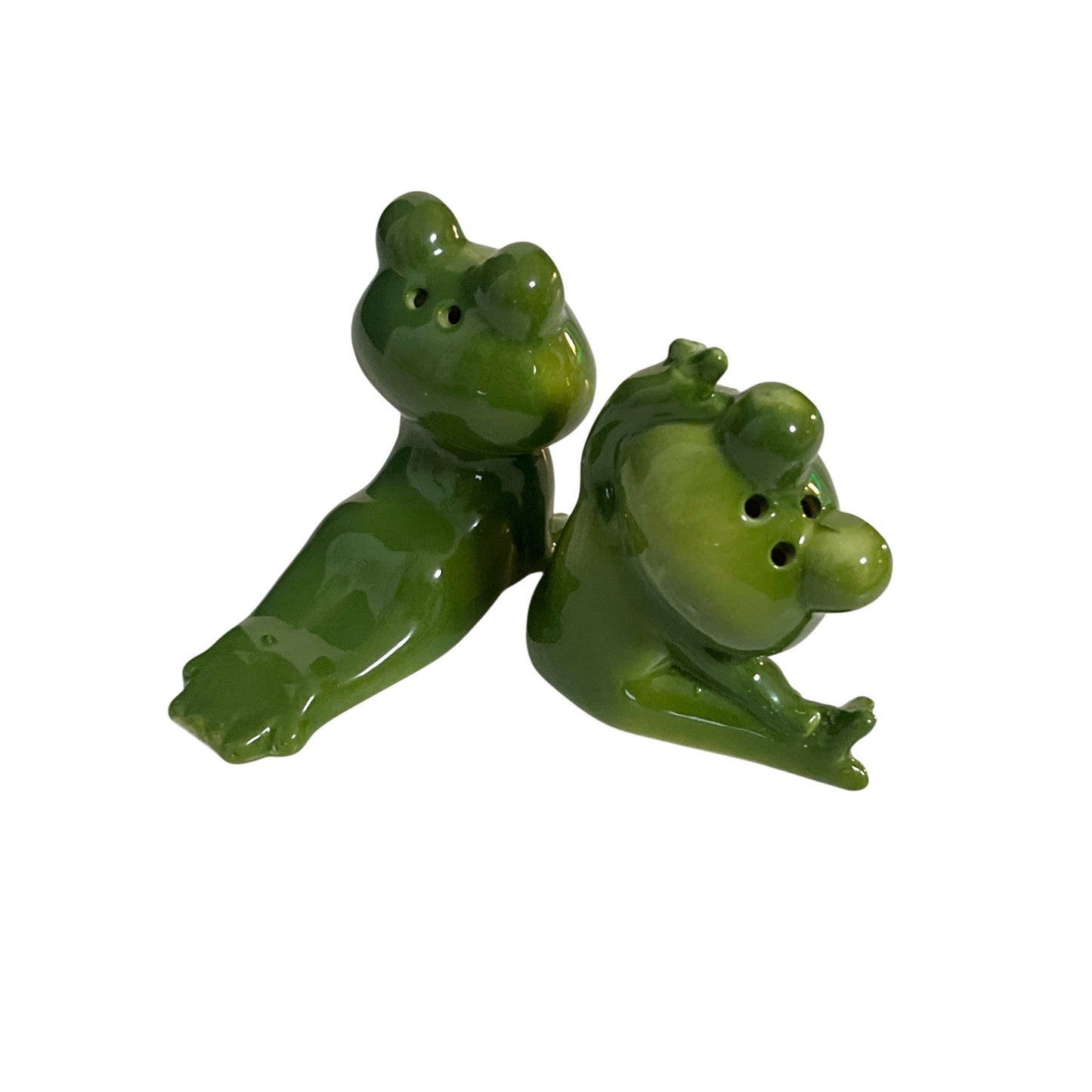 Vintage Green Frog Salt and Pepper Shaker Set Ceramic Anthropomorphic Frogs