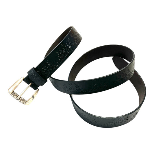 Vintage 1990s Crossroads Black Leather Belt 42” – Floral Embossed Western Style – Silver-Tone Buckle