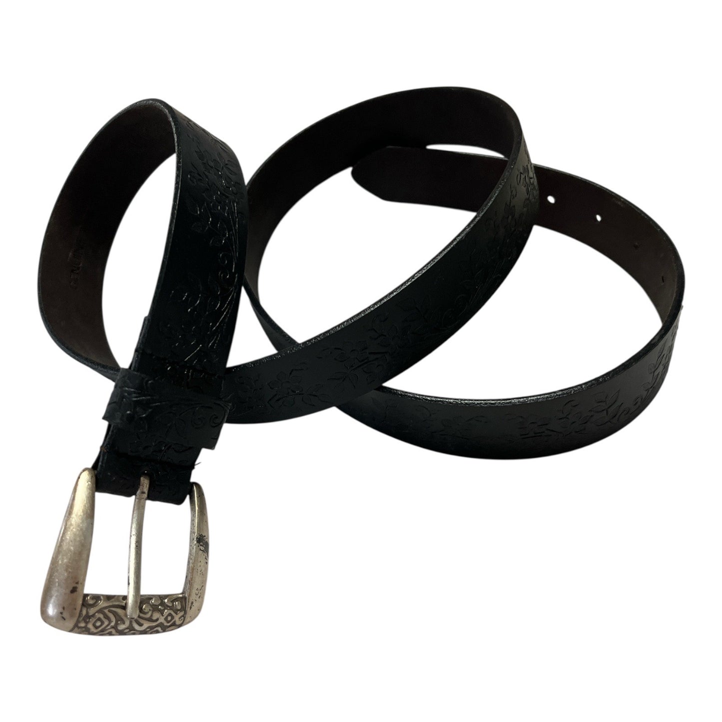 Vintage 1990s Crossroads Black Leather Belt 42” – Floral Embossed Western Style – Silver-Tone Buckle