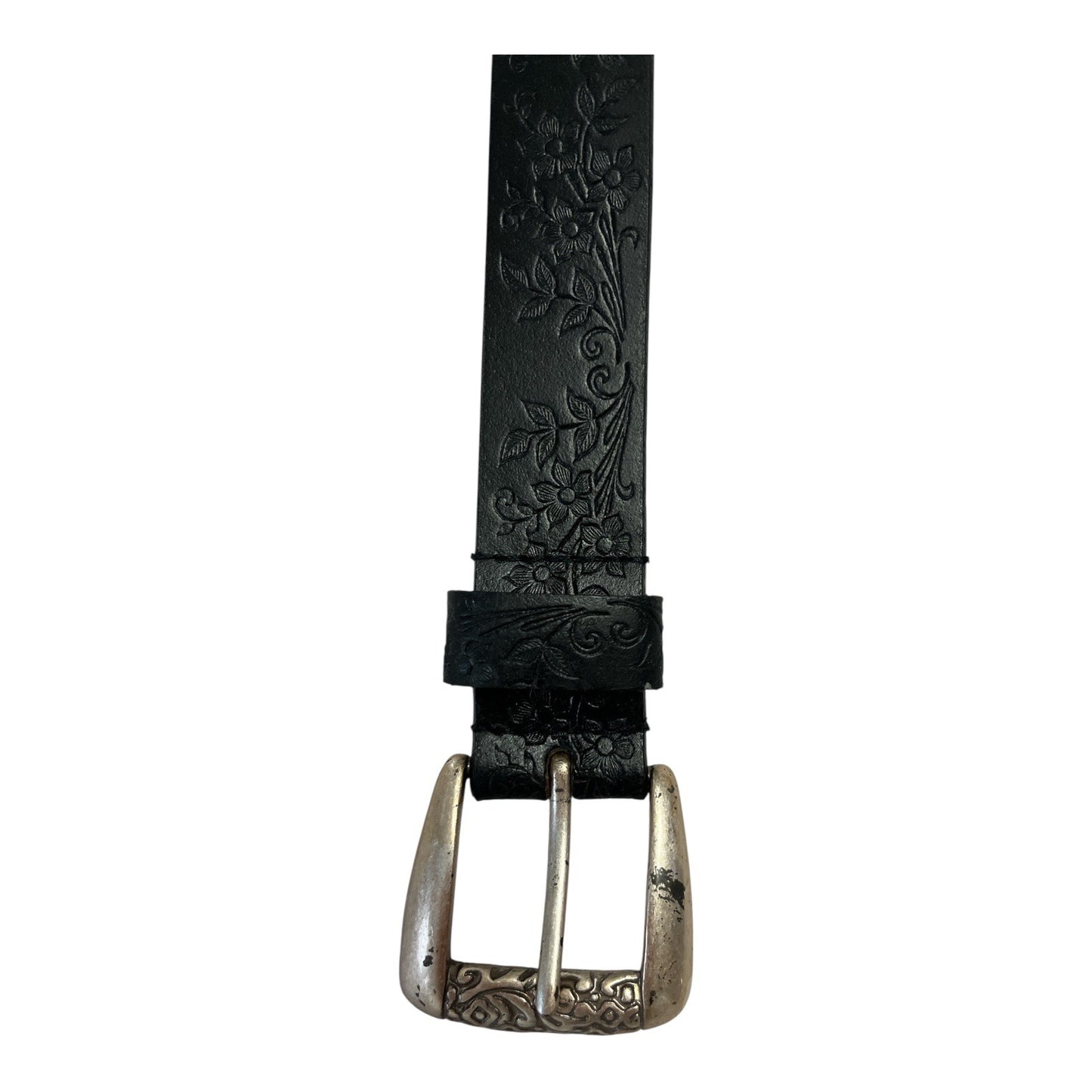 Vintage 1990s Crossroads Black Leather Belt 42” – Floral Embossed Western Style – Silver-Tone Buckle