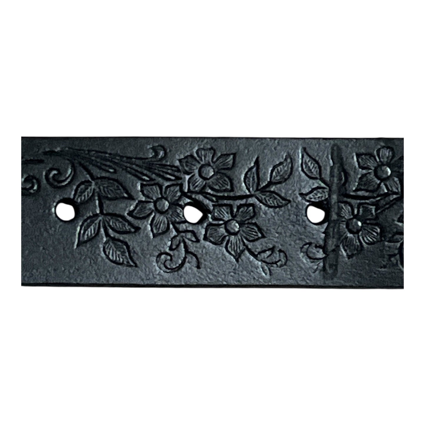 Vintage 1990s Crossroads Black Leather Belt 42” – Floral Embossed Western Style – Silver-Tone Buckle