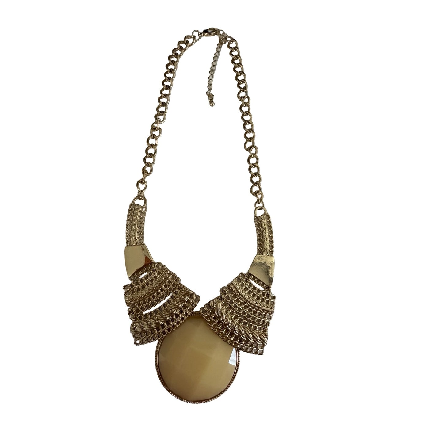 Vintage Statement Gold Tone Chain Necklace Cream Lucite Cabochon Pendant 16"