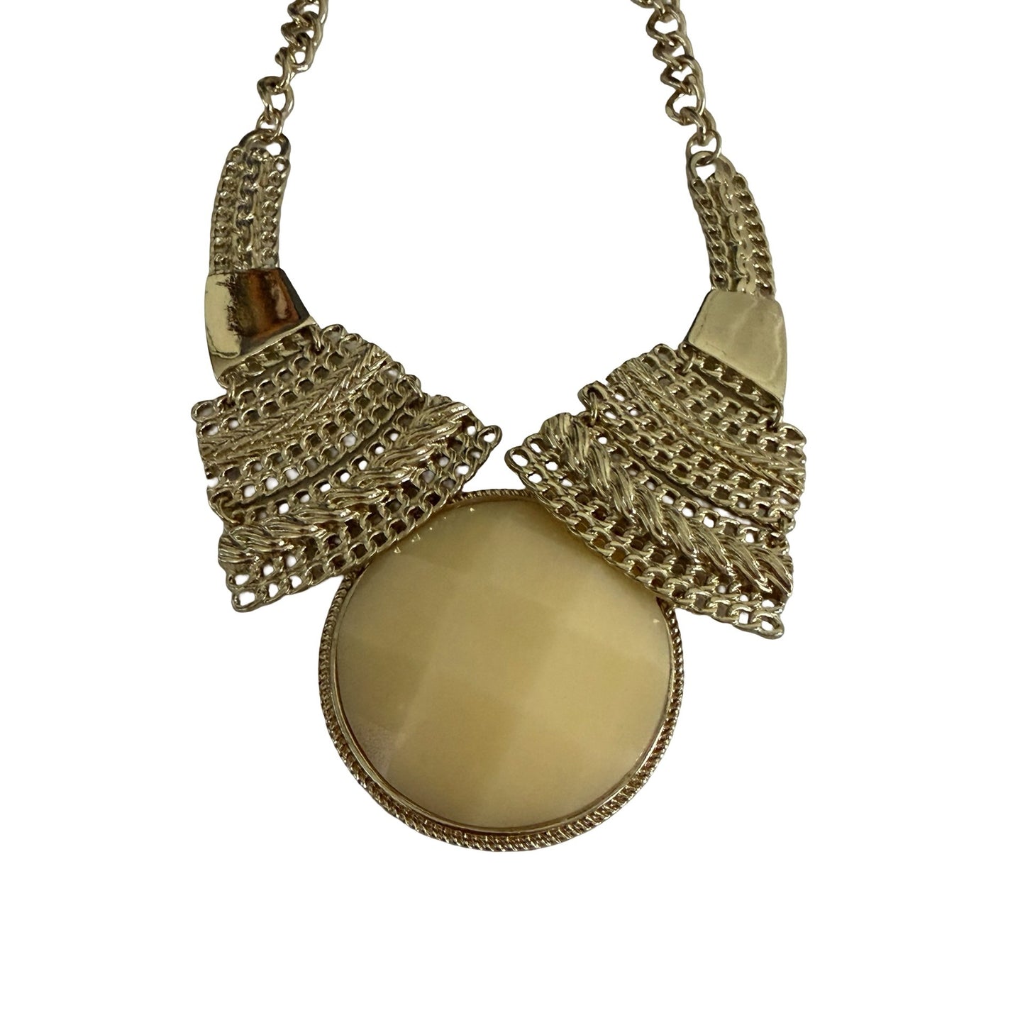 Vintage Statement Gold Tone Chain Necklace Cream Lucite Cabochon Pendant 16"