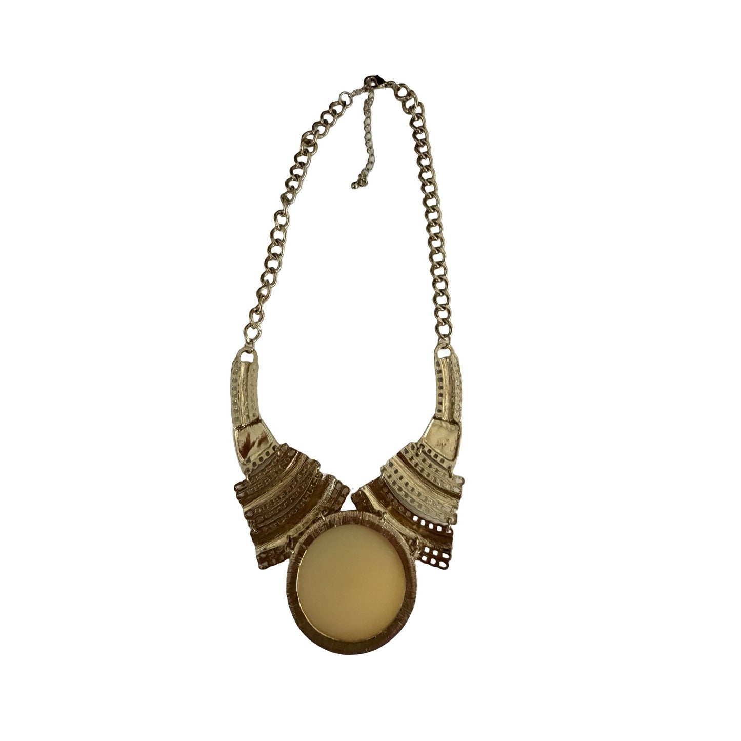 Vintage Statement Gold Tone Chain Necklace Cream Lucite Cabochon Pendant 16"
