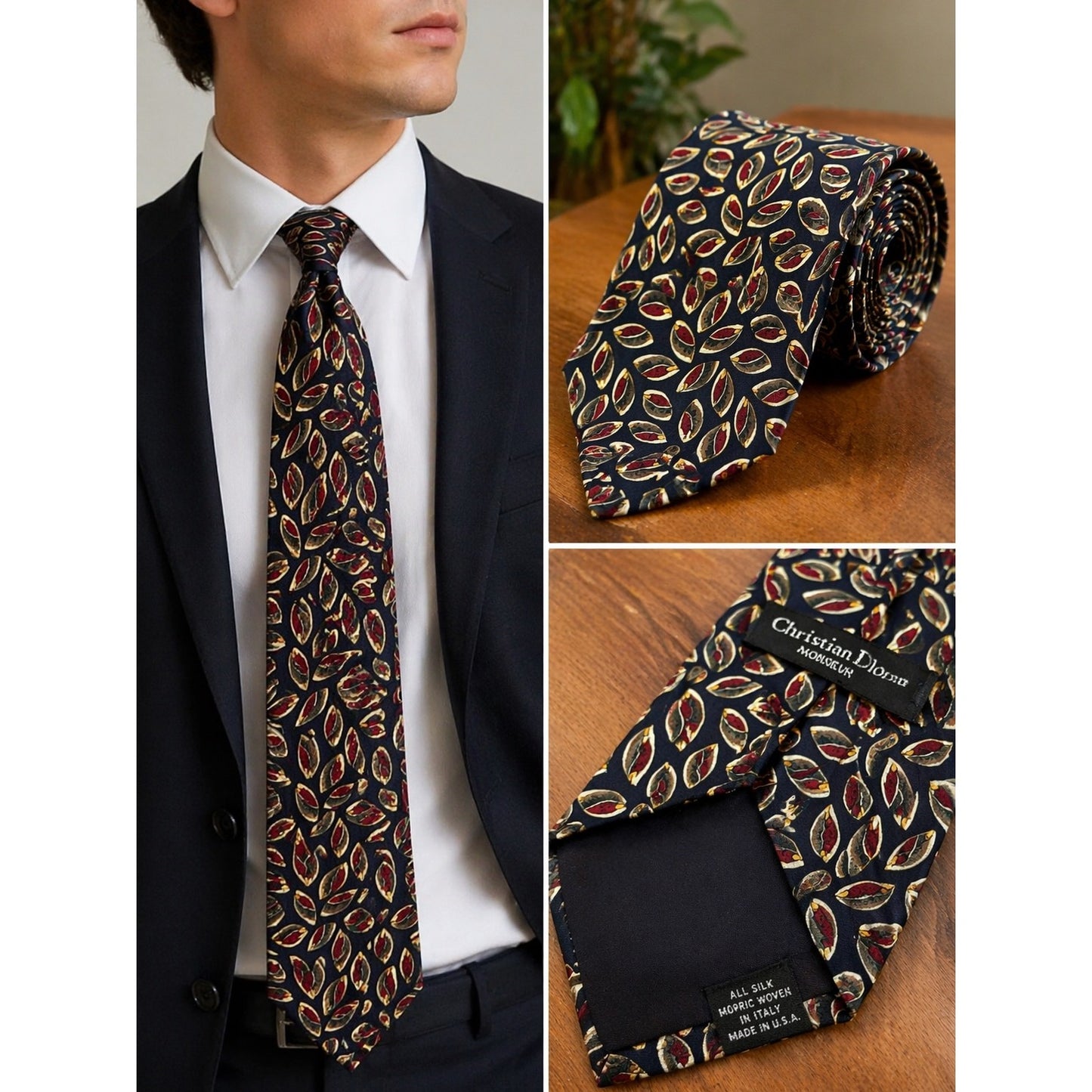 Christian Dior Monsieur Silk Tie Navy Red Gold Geometric Pattern Made in USA Vintage Designer Necktie