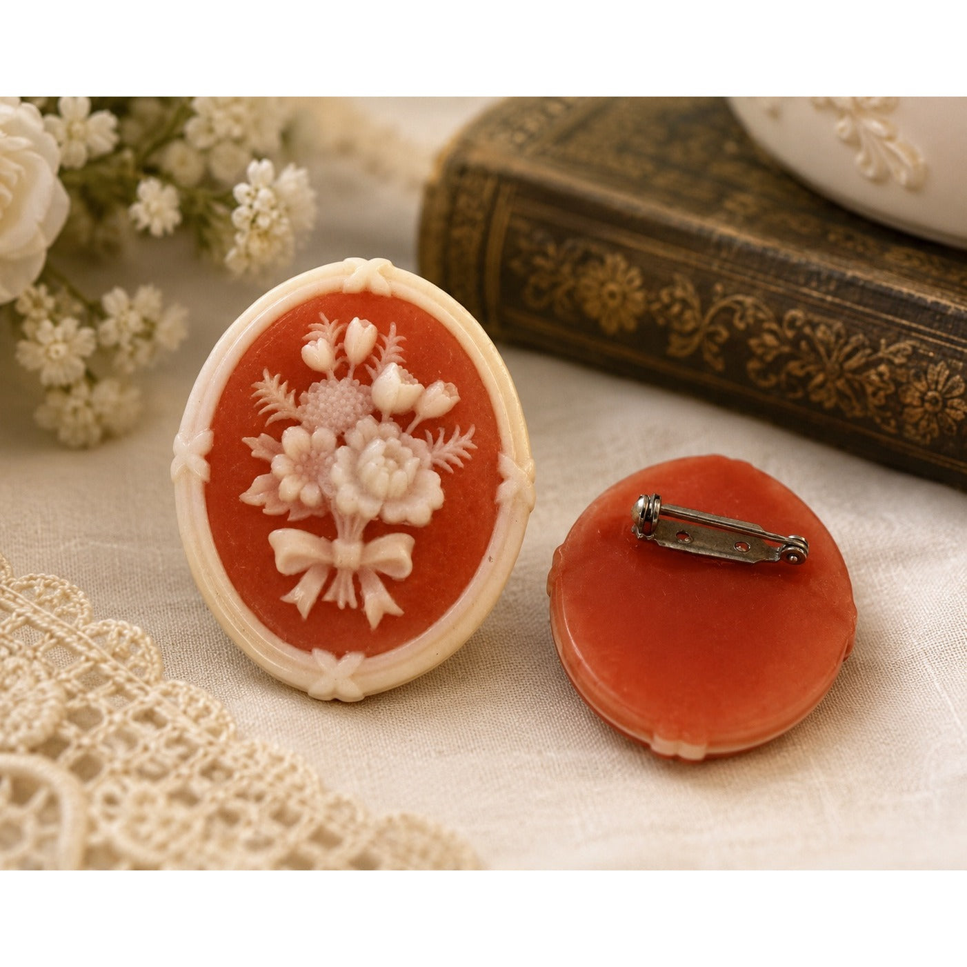Vintage Floral Cameo Brooch Orange White Resin Bouquet Pin Oval Retro Jewelry