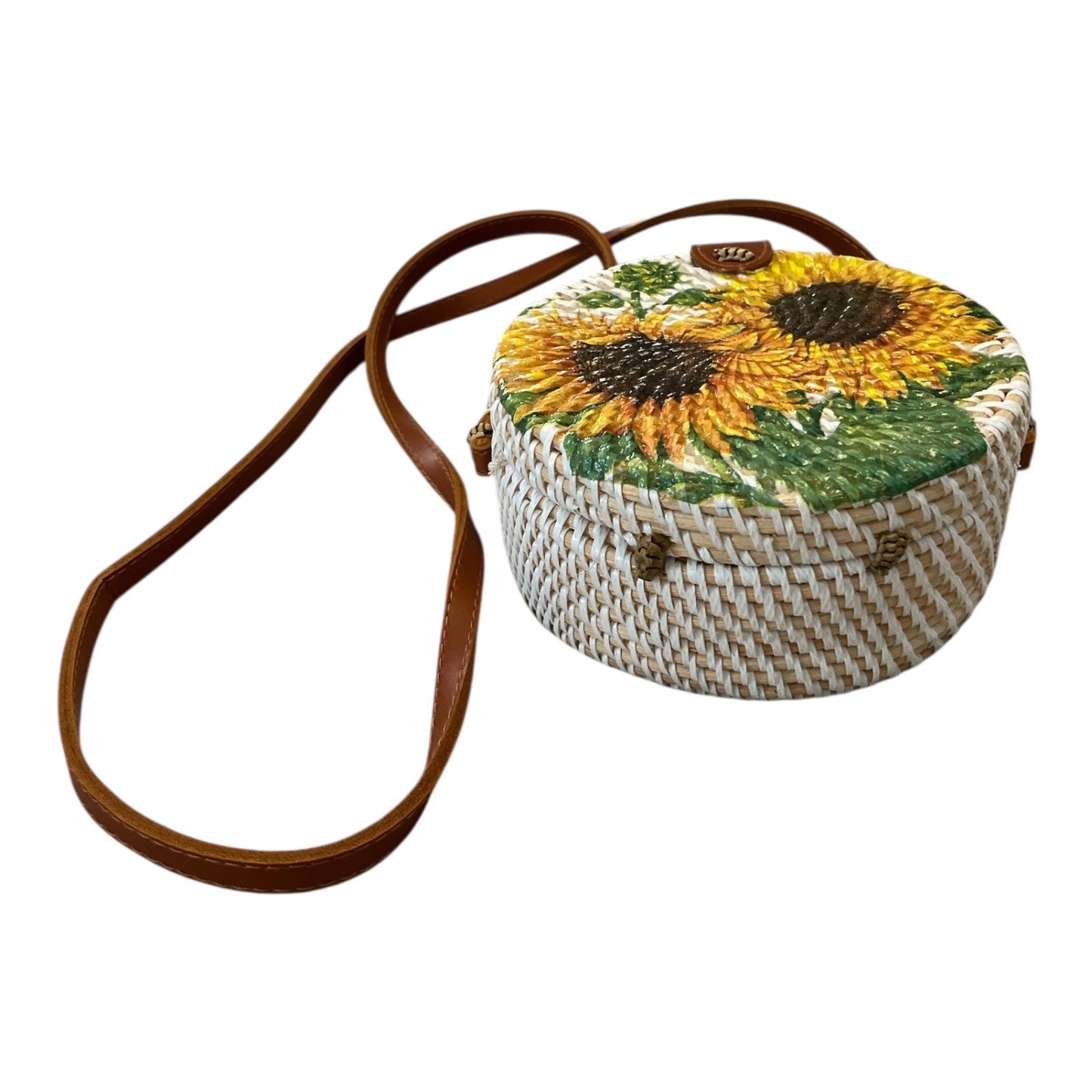 Sunflower Painted Round Woven Crossbody Bag – Handmade in Philippines – New