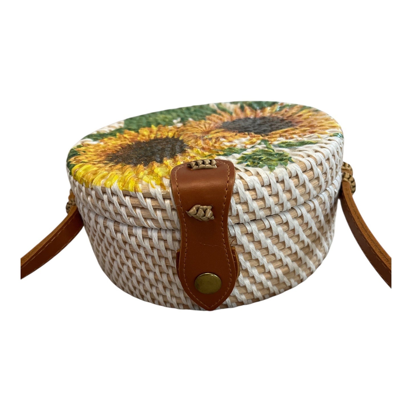 Sunflower Painted Round Woven Crossbody Bag – Handmade in Philippines – New