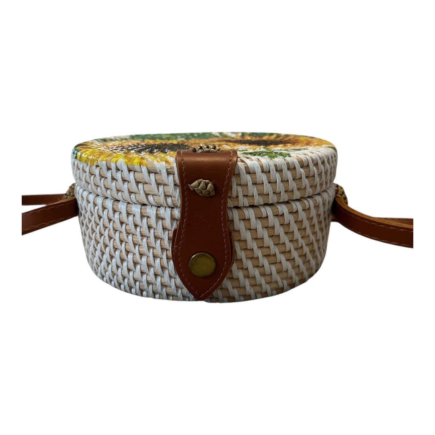 Sunflower Painted Round Woven Crossbody Bag – Handmade in Philippines – New