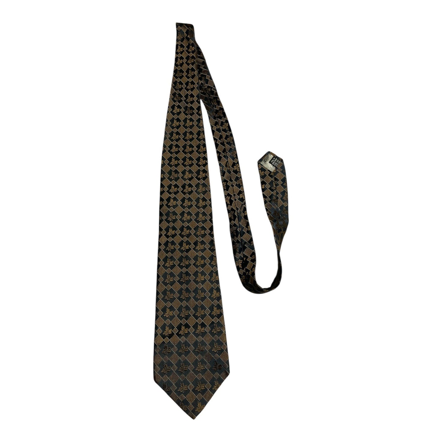 Vtg Valentino Cravatte Italian Silk Tie Black Gold Leaf Geometric Pattern