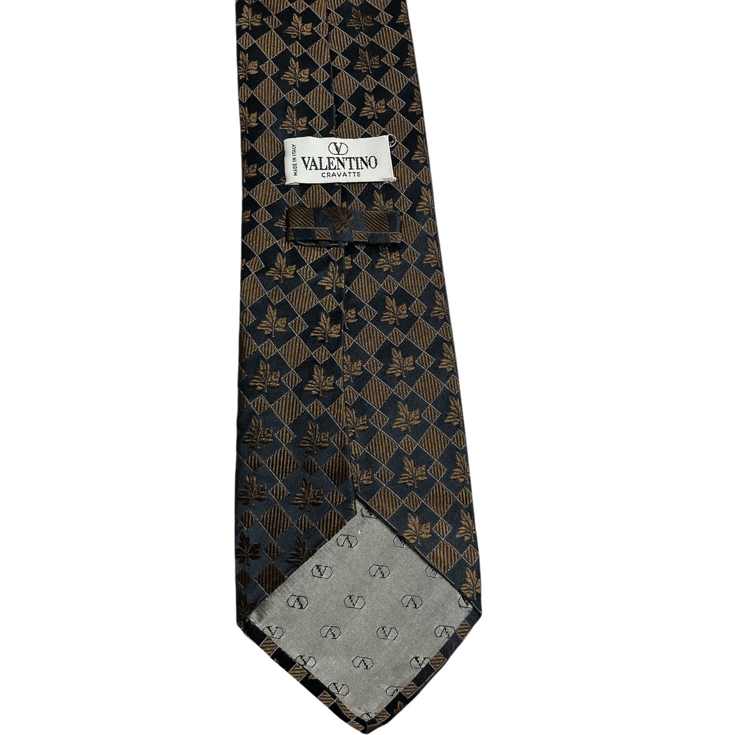 Vtg Valentino Cravatte Italian Silk Tie Black Gold Leaf Geometric Pattern