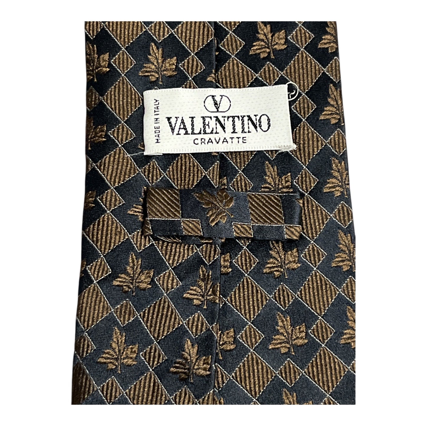 Vtg Valentino Cravatte Italian Silk Tie Black Gold Leaf Geometric Pattern