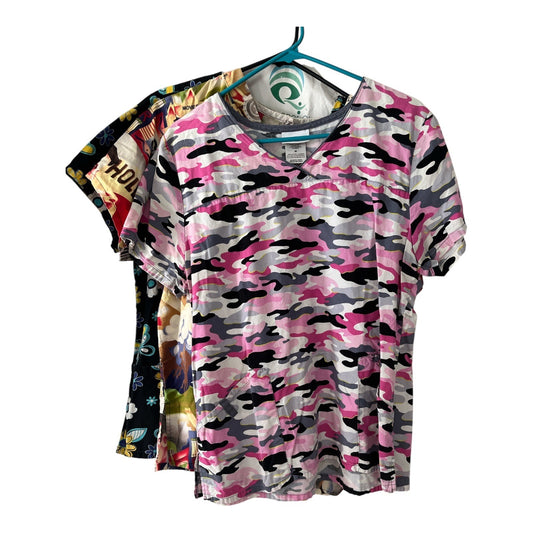 Set of 3 Women’s Size M Scrub Tops – Pink Camo, Hollywood Retro, and Floral Butterfly Prints