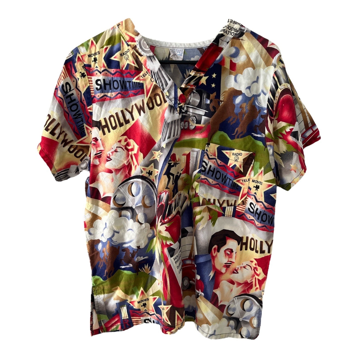 Set of 3 Women’s Size M Scrub Tops – Pink Camo, Hollywood Retro, and Floral Butterfly Prints
