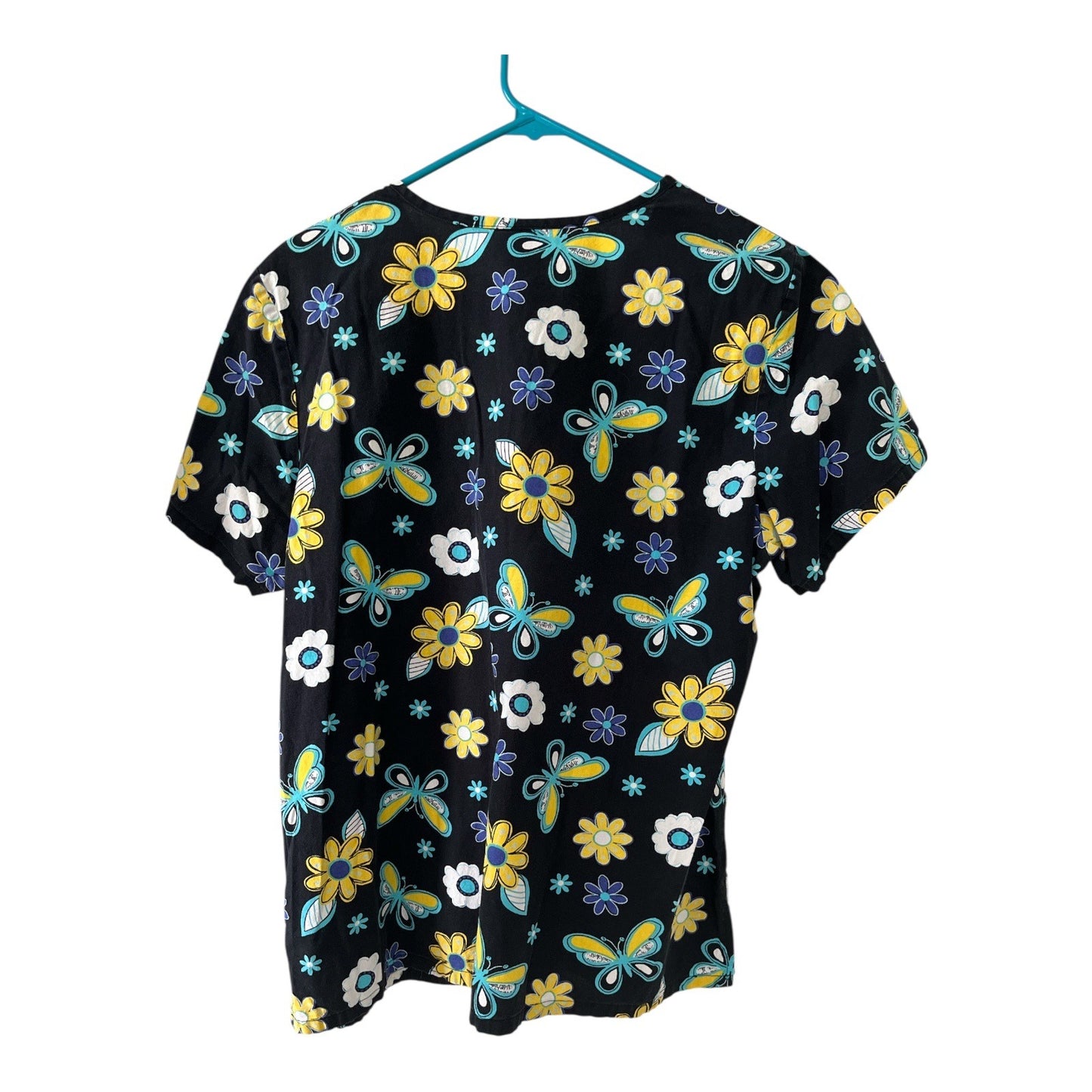 Set of 3 Women’s Size M Scrub Tops – Pink Camo, Hollywood Retro, and Floral Butterfly Prints