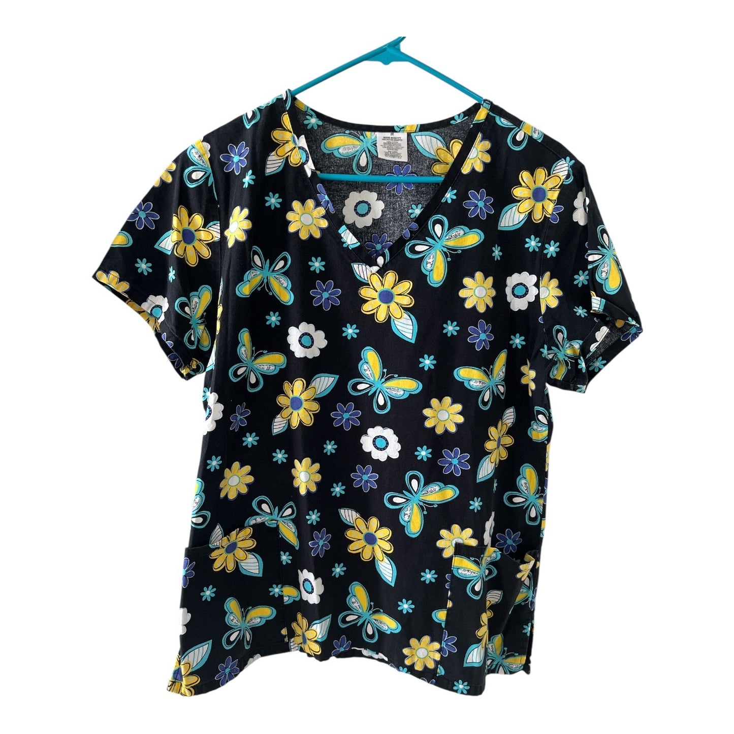 Set of 3 Women’s Size M Scrub Tops – Pink Camo, Hollywood Retro, and Floral Butterfly Prints