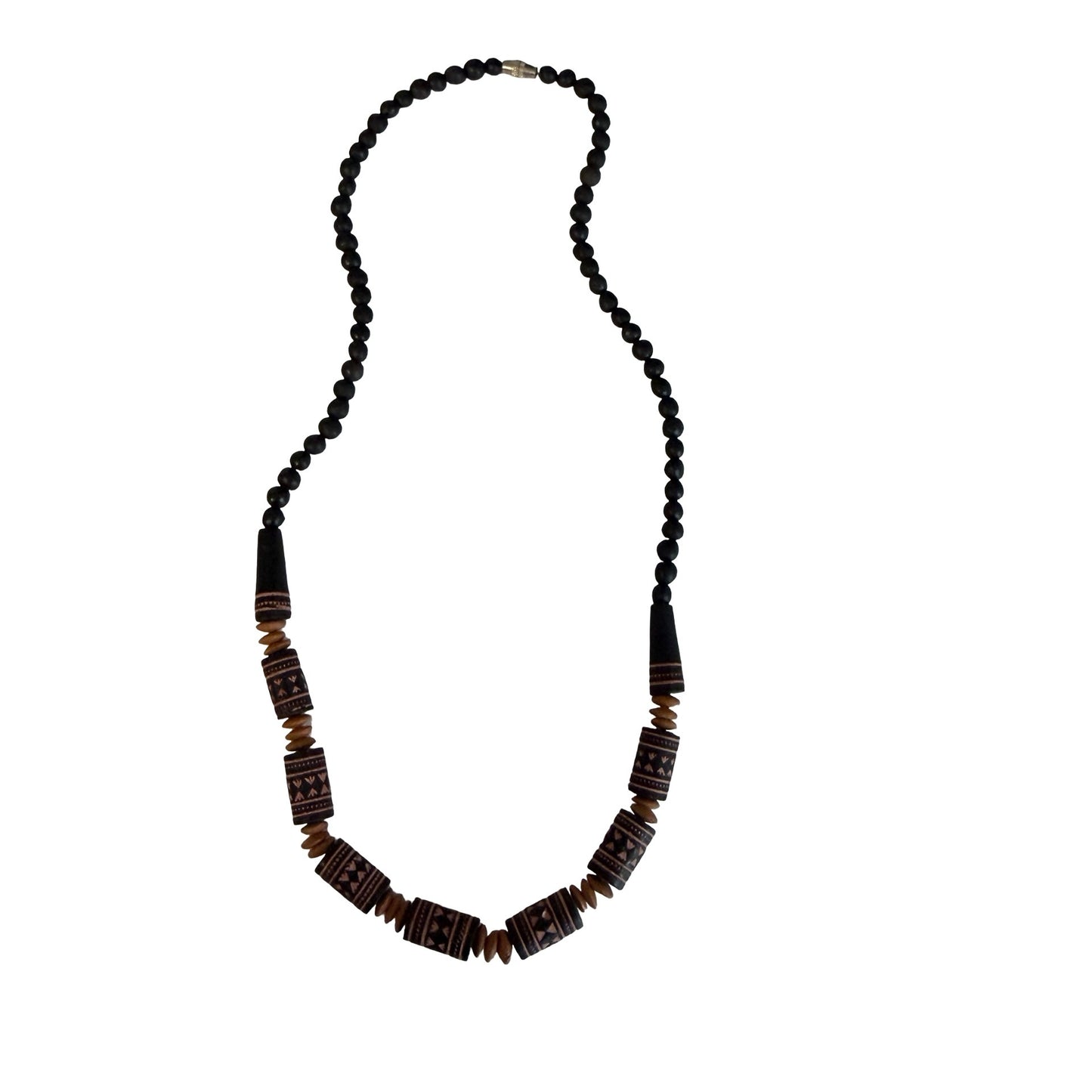 Vintage Tribal Style Beaded Necklace 18” Black Matte Beads Carved Bone Geometric Design