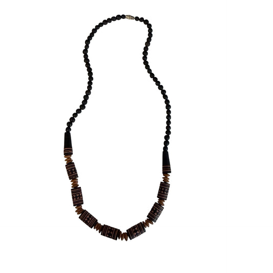 Vintage Tribal Style Beaded Necklace 18” Black Matte Beads Carved Bone Geometric Design