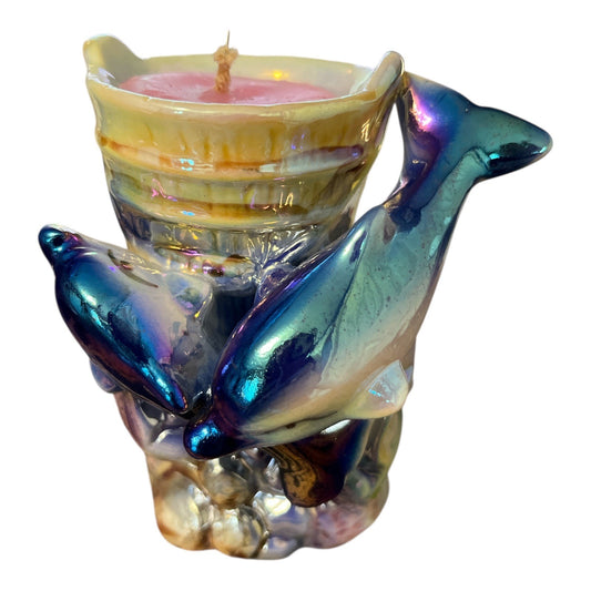 Vintage Iridescent Dolphin Candle Holder with Pink Wax – Ceramic Barrel Ocean Scene