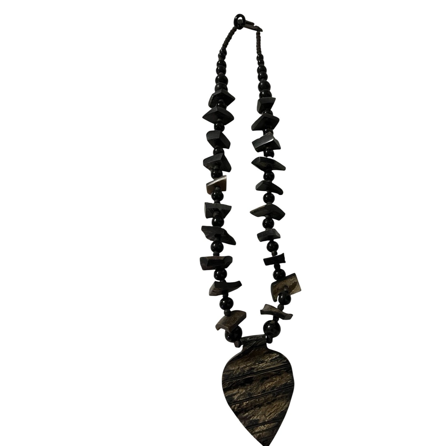 Vintage Wood Statement Necklace Large Pendant Tribal Boho Chunky Beaded Jewelry
