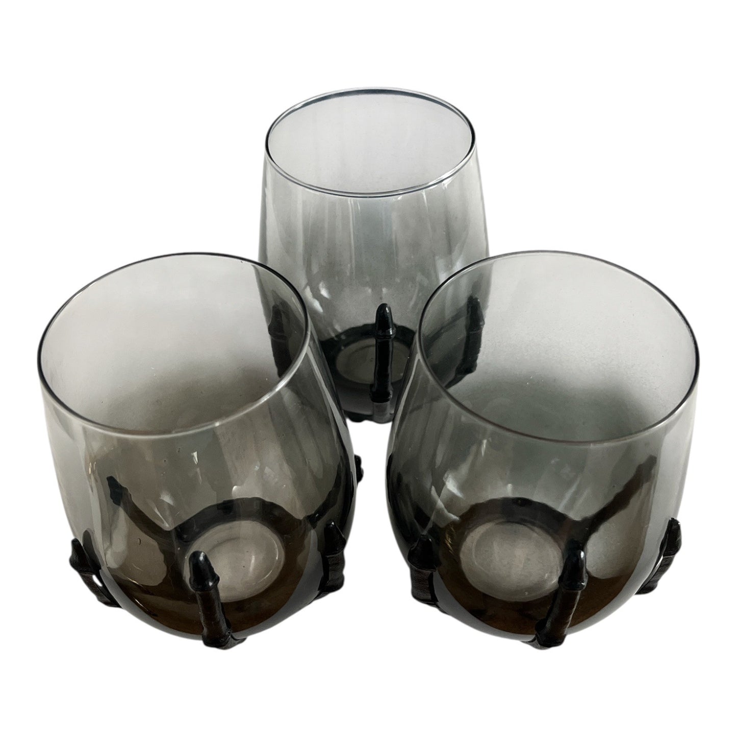 Set of 3 Smoke Gray Glasses with Black Skeleton Hand Holders Gothic Halloween Barware