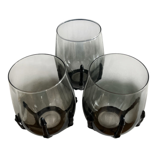 Set of 3 Smoke Gray Glasses with Black Skeleton Hand Holders Gothic Halloween Barware