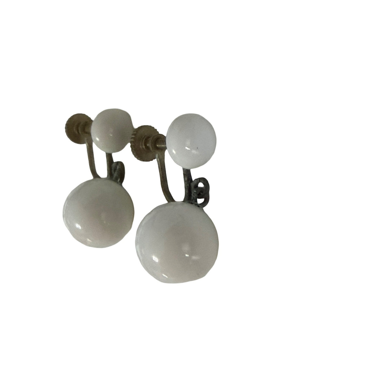 Vintage White Double Ball Drop Screw Back Earrings Mid Century Milk Glass Look 1 Inch