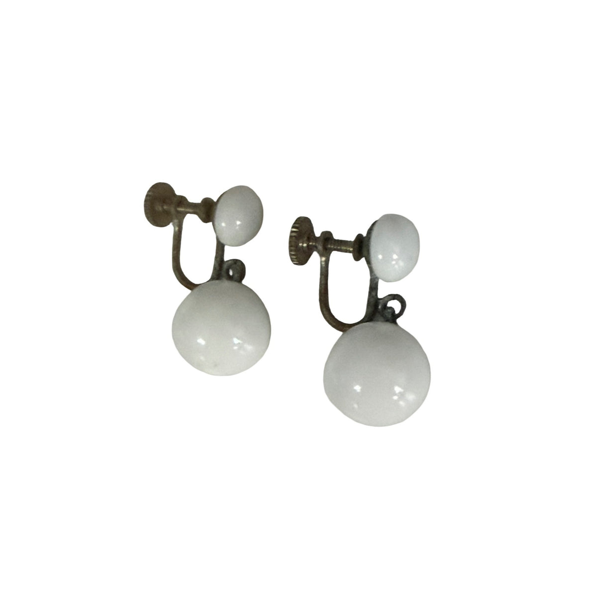Vintage White Double Ball Drop Screw Back Earrings Mid Century Milk Glass Look 1 Inch
