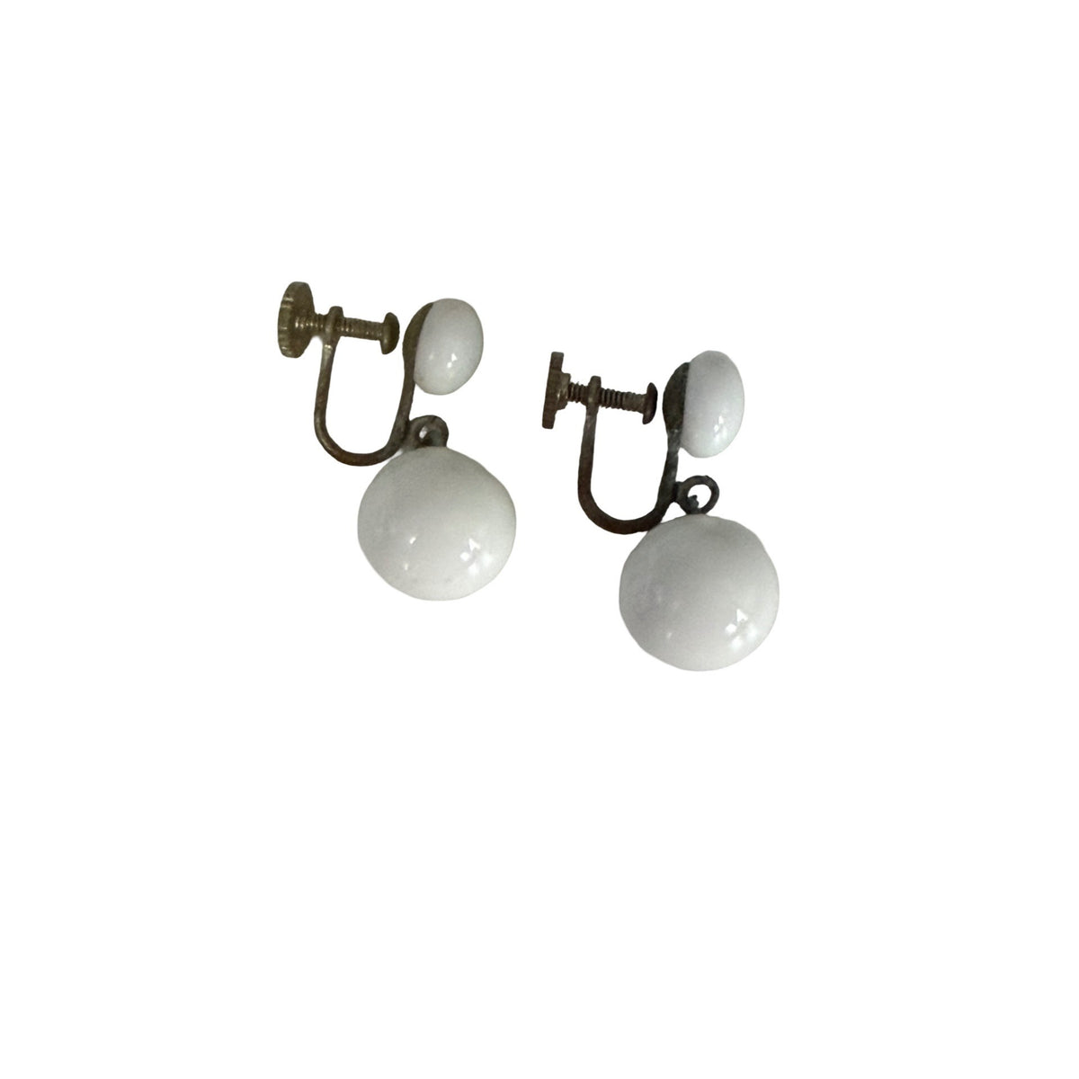Vintage White Double Ball Drop Screw Back Earrings Mid Century Milk Glass Look 1 Inch
