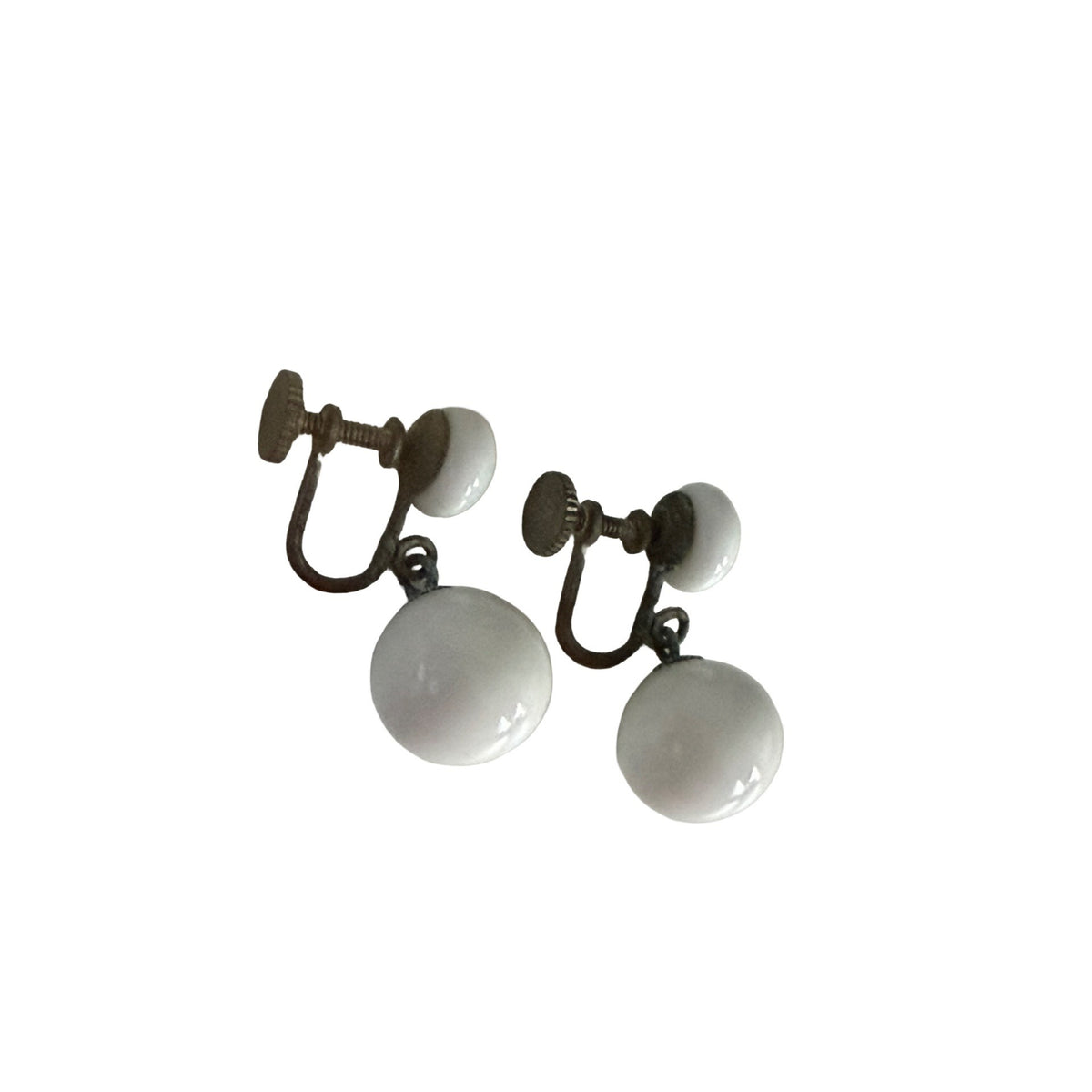 Vintage White Double Ball Drop Screw Back Earrings Mid Century Milk Glass Look 1 Inch
