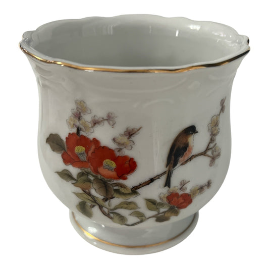 Vintage Takara Japan Porcelain Vase – Bird & Red Floral Design, Scalloped Rim, Gold Trim