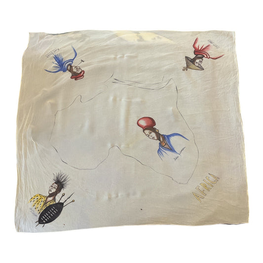 Vintage Hand-Painted Africa Map Scarf – 30" Square – Ethnic Portraits – Yellow Fabric – 1950s–60s