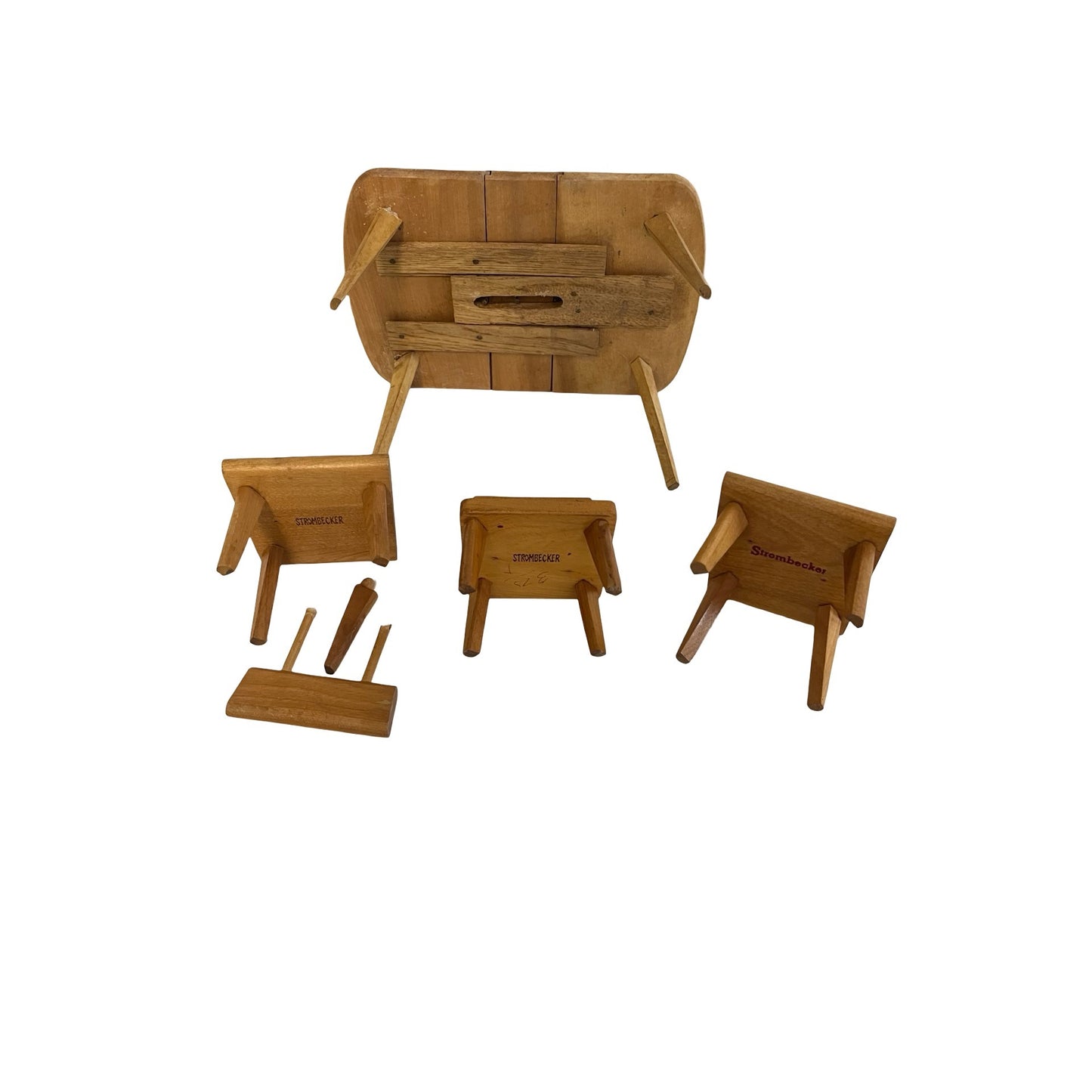 Vintage Strombecker Dollhouse Furniture Table Chairs Wood Mid Century Miniature Set 1:6