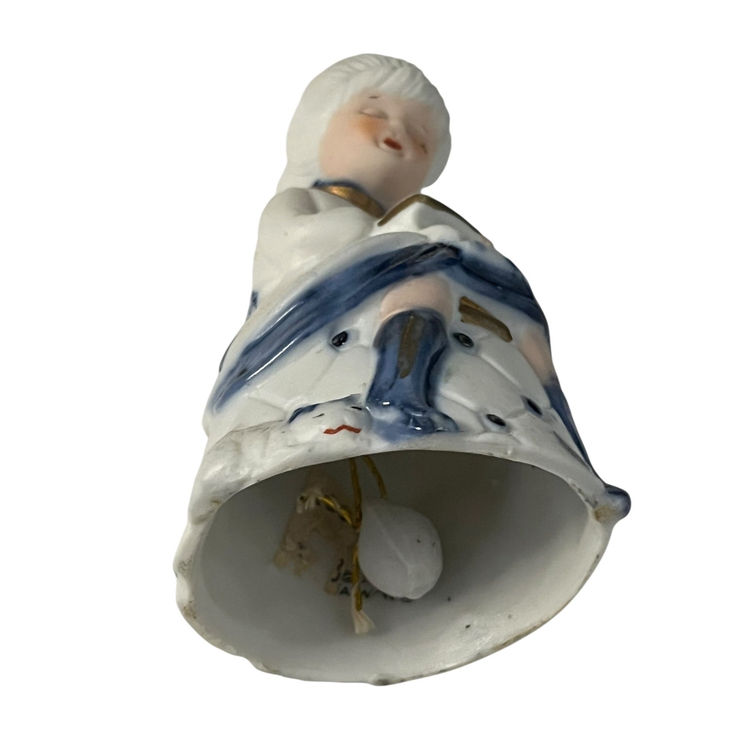 Vintage Jasco Porcelain Girl Bell Figurine Writing Letter Blue White Japan 4”