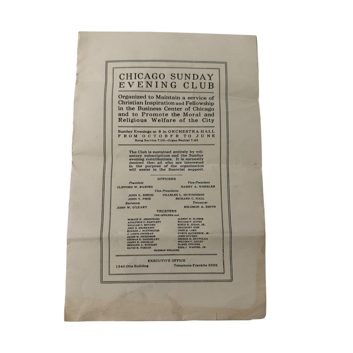 1922 Chicago Sunday Evening Club Orchestra Hall Program John G Shedd McCormick
