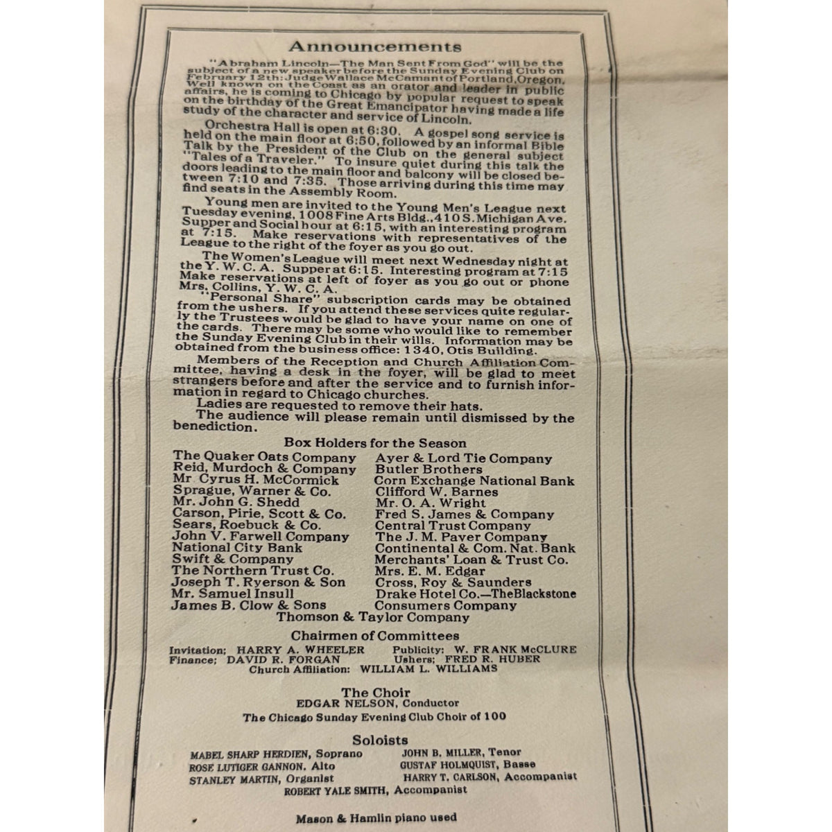 1922 Chicago Sunday Evening Club Orchestra Hall Program John G Shedd McCormick