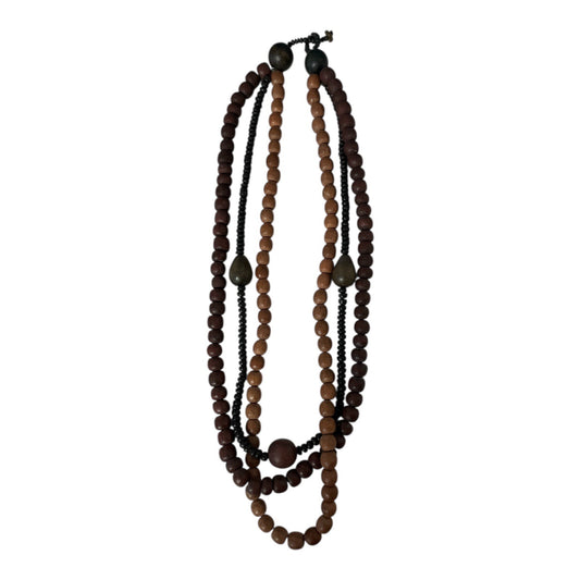 Vintage Multi Strand Wooden Bead Necklace Brown Black Boho Tribal Style
